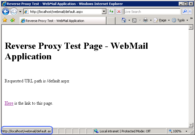 Screenshot dell'applicazione di Web Mail della pagina di test del Reverse Proxy. Il collegamento nella parte inferiore è h t t p colon slash slash local host slash web mail slash default dot a s p x.