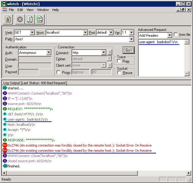 Screenshot della pagina di dialogo w fetch one. La connessione viene interrotta perché la stringa dell'agente utente corrisponde a una delle stringhe nel file dot t x t degli agenti utente non consentiti.