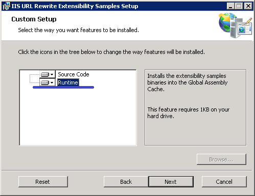 Screenshot della finestra di dialogo I I S U R L Rewrite Extensibility Samples Setup. L'icona Runtime è evidenziata.