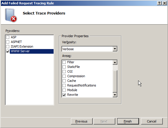 Screenshot dell'impostazione provider solo su W W W Server e aree solo su Riscrivi.