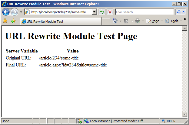 Screenshot della pagina di test di U R L Rewrite Module che mostra la versione originale di U R L e la versione riscritta.