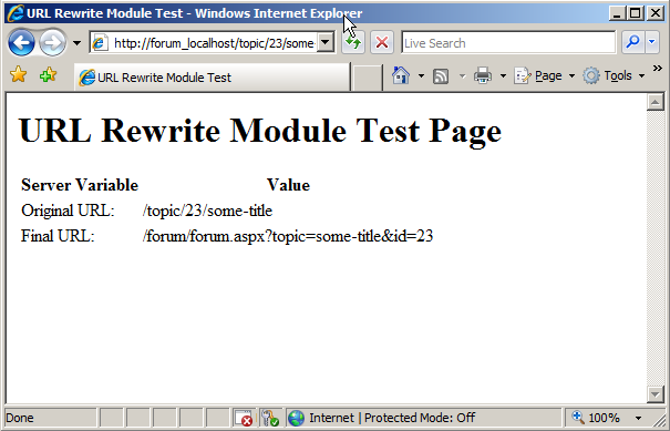 Screenshot della pagina di test del modulo di riscrittura di U R L. La stringa U R L è stata modificata.