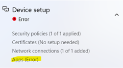 Pagina dello stato di registrazione di Windows Autopilot, Errore di installazione del dispositivo per le app.