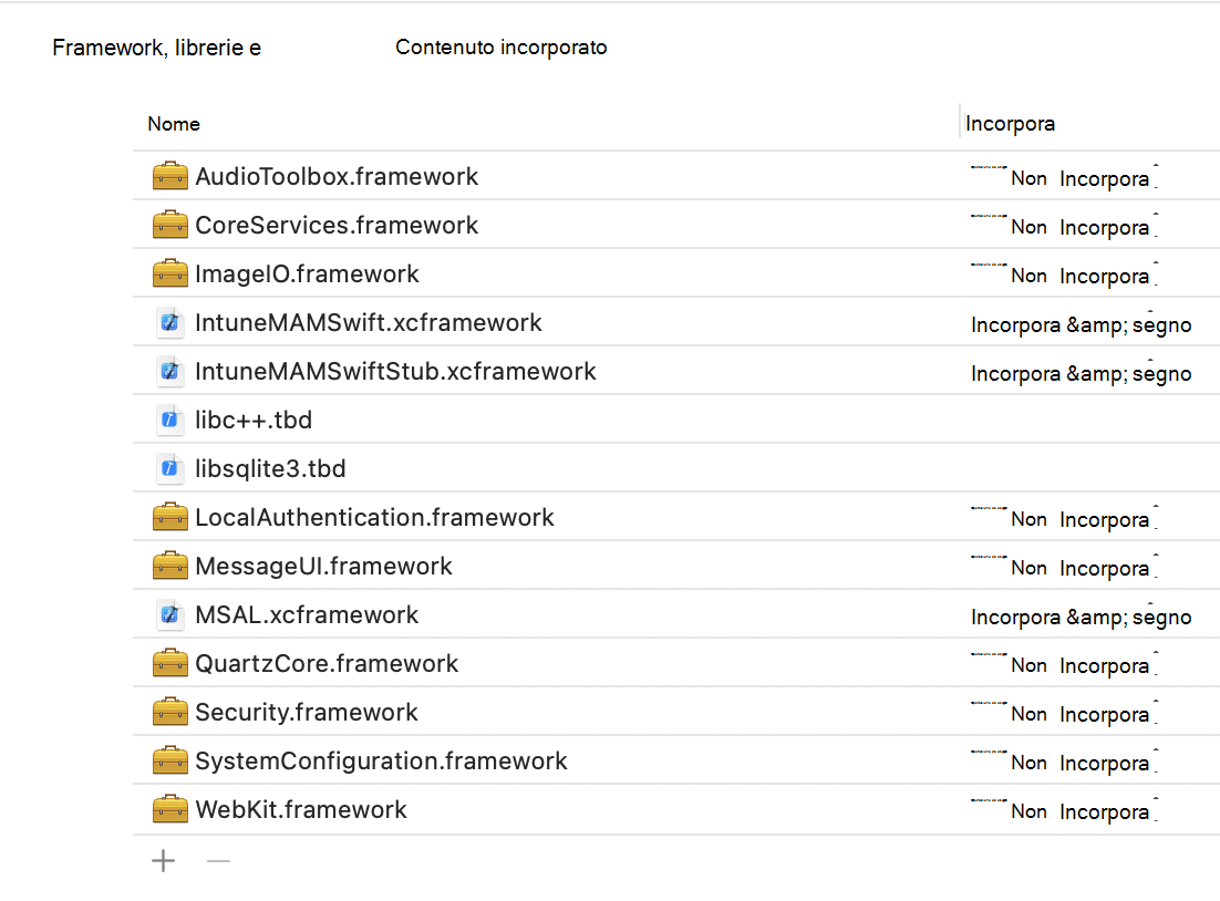 Intune Framework iOS di App SDK: esempio di framework, librerie e contenuto incorporato di Xcode