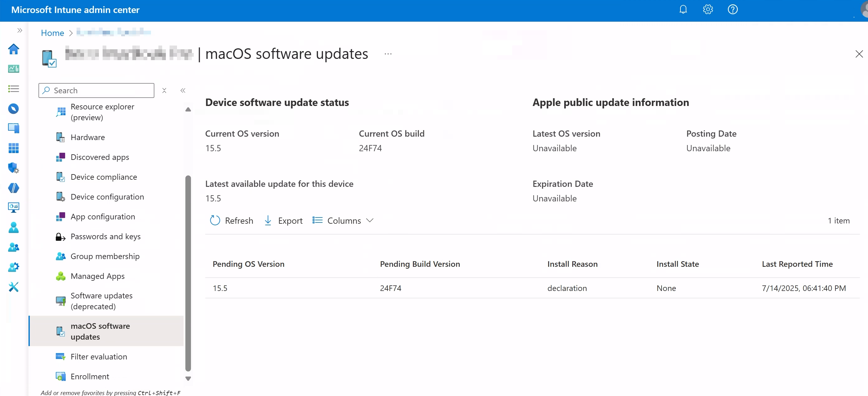 Acquisizione dello schermo che mostra il report per dispositivo per un dispositivo macOS