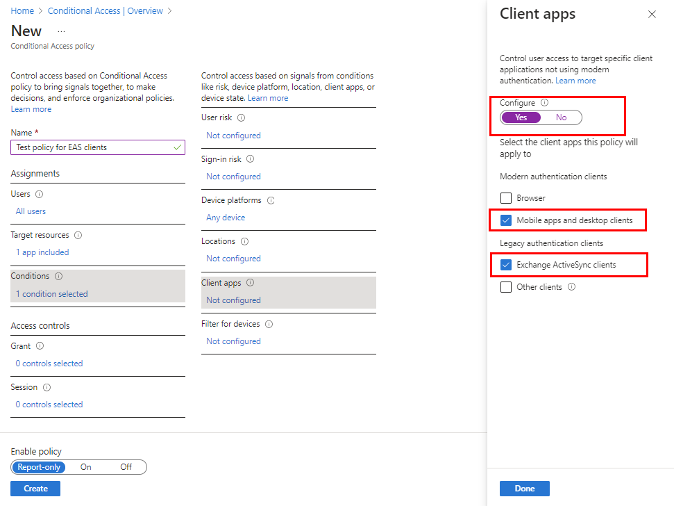 Configurare le app client per la categoria Condizioni.