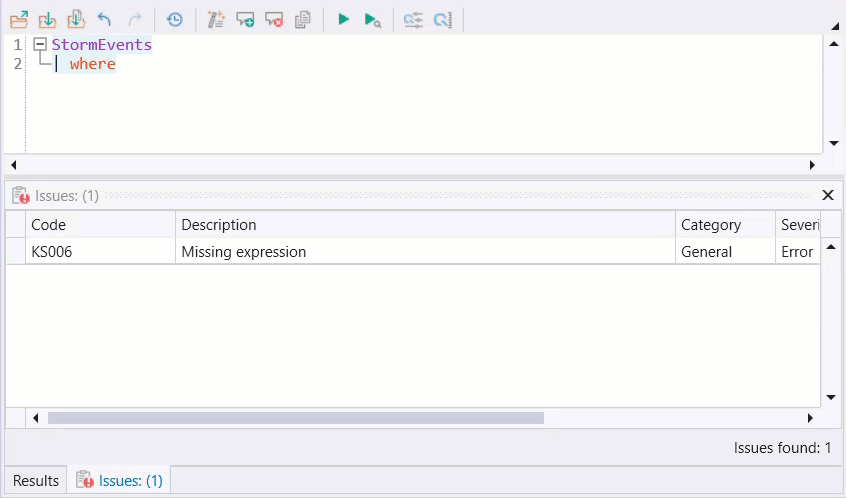 GIF dell'analizzatore del codice in Kusto Explorer.