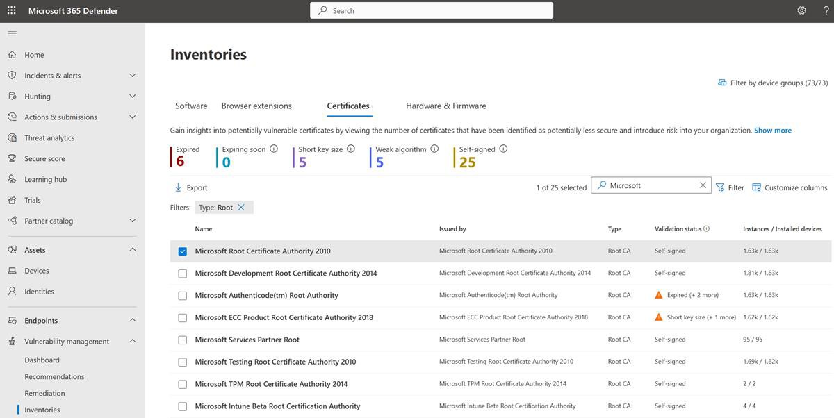 Microsoft Defender pagina inventari.