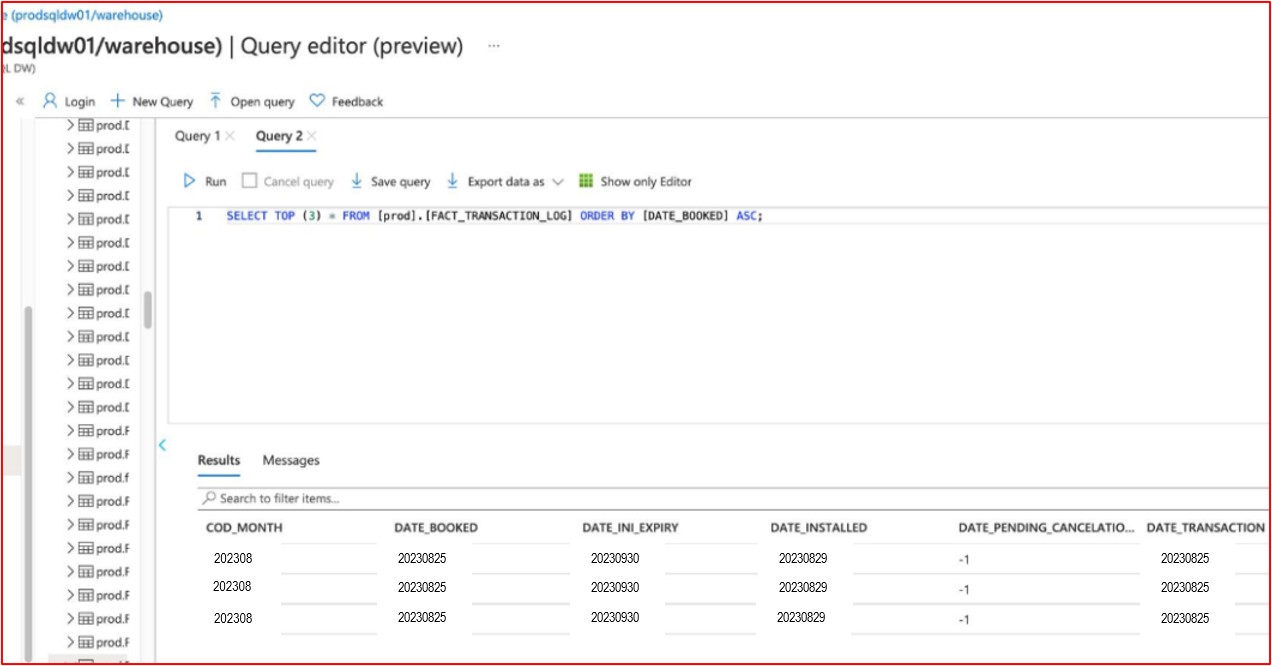L'editor di query SQL esegue i risultati.