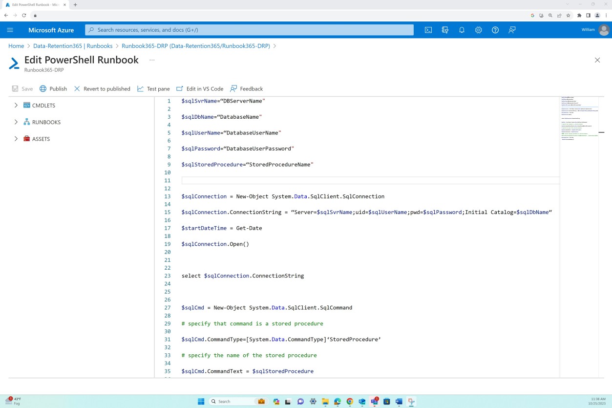 Azure Le impostazioni di conservazione dei dati modificano il runbook di PowerShell.