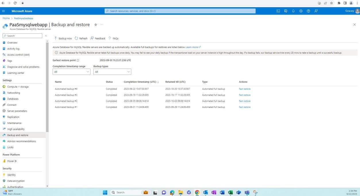 Azure panoramica delle impostazioni di backup e ripristino.