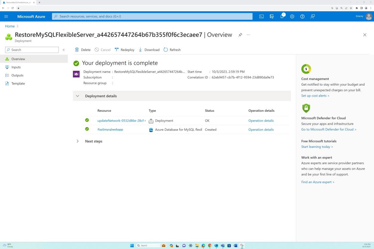 Azure panoramica della distribuzione: la distribuzione è completa.