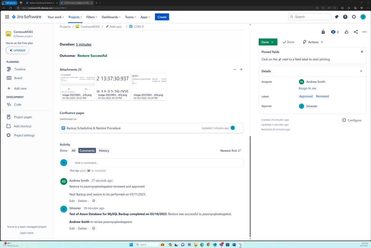 Ticket di backup Jira con durata, risultati e activity tracker.
