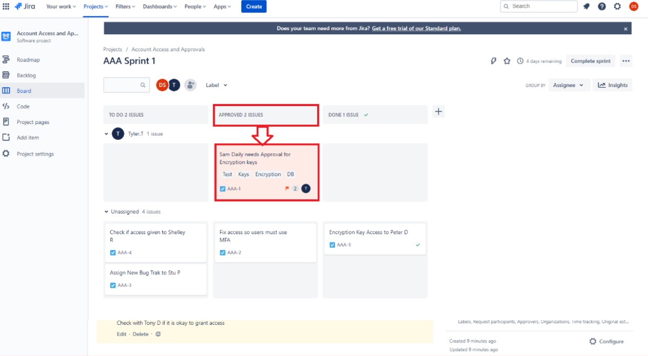 Scheda sprint Jira AAA con gerarchia di approvazione evidenziata.