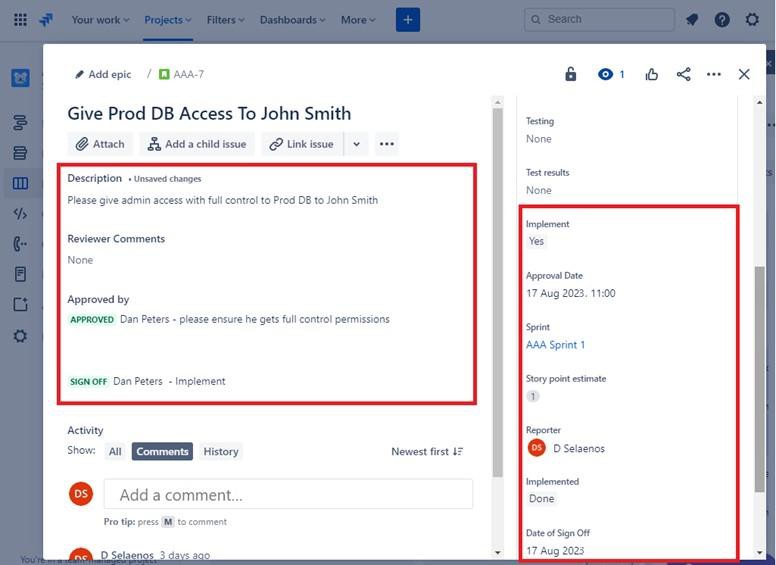 Descrizione della bacheca di approvazione Jira, approvata entro, data e approvazione come implementata evidenziata.