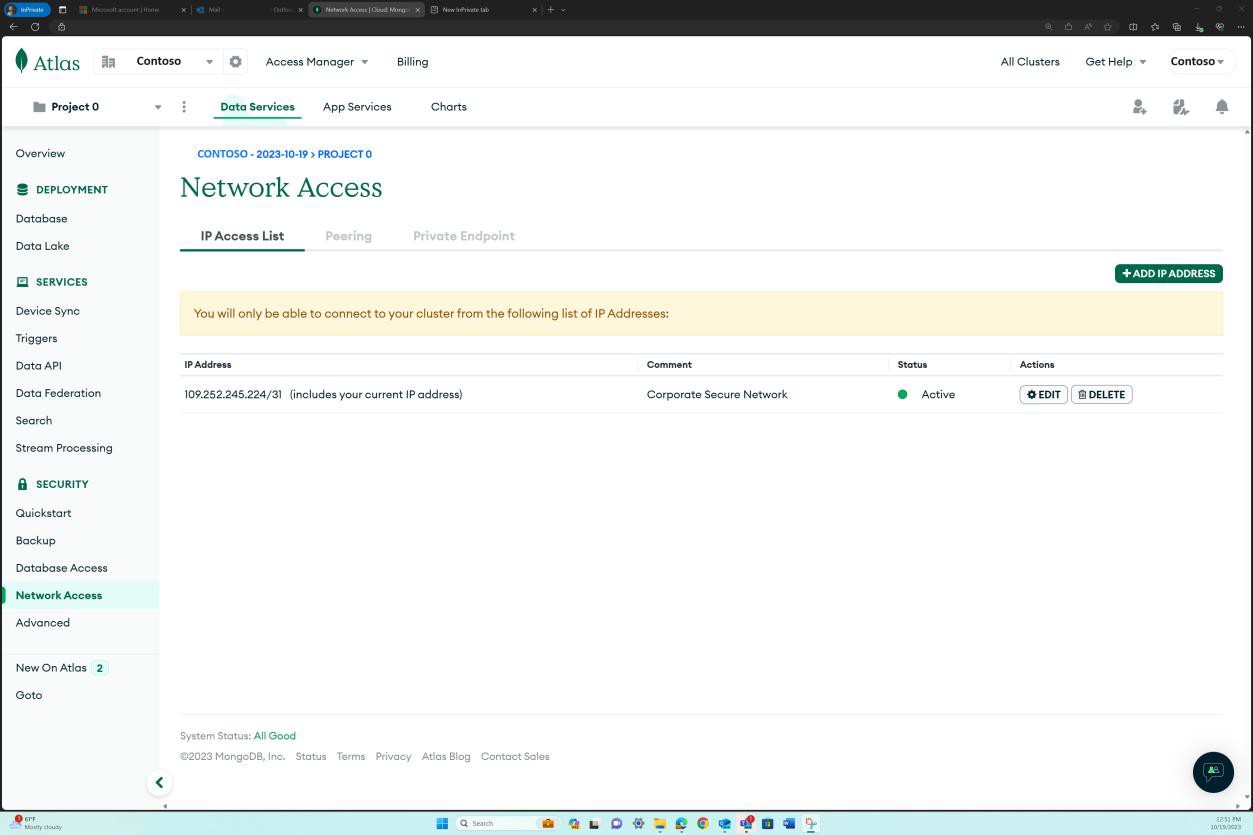 Pagina di accesso alla rete cloud mongoDB.