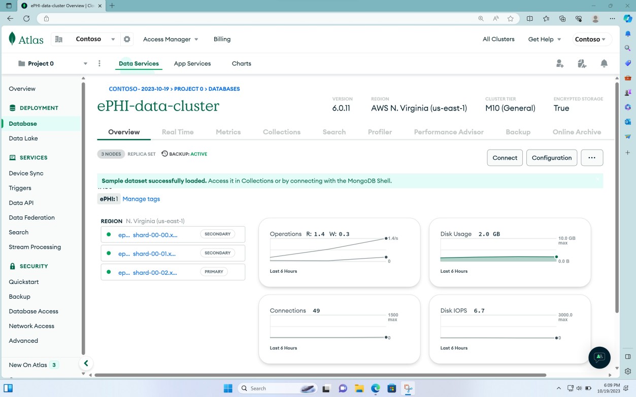 Pagina Di MongoDB Cloud Data Services con dashboard di panoramica del cluster di dati ePHI con statistiche sull'area e sull'utilizzo nelle ultime 6 ore.