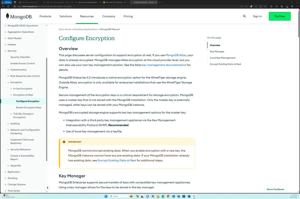 Panoramica della crittografia della configurazione della pagina delle risorse di MongoDB Cloud.