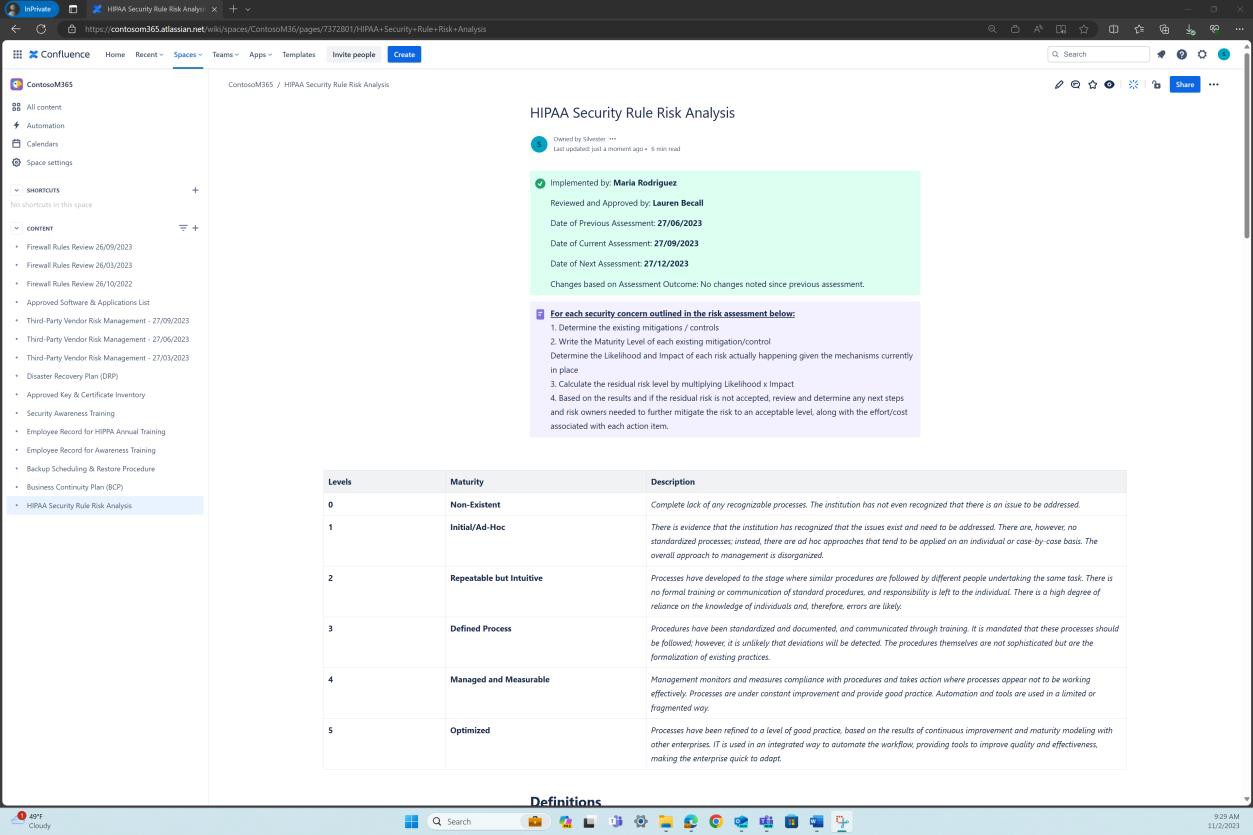 Confluence HIPAA policy page with Security Risk Analysis (Confluence HIPAA policy page with Security Risk Analysis).