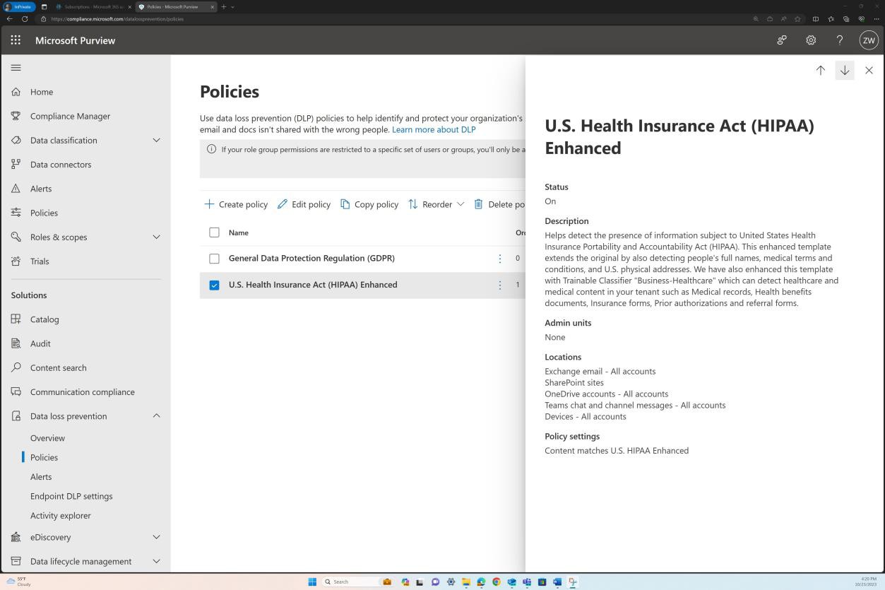 Pagina dei criteri di Microsoft Purview con voci GDPR e HIPAA. L'opzione HIPAA è selezionata e un riquadro popup laterale include i dettagli relativi a stato, descrizione, posizioni e impostazione dei criteri