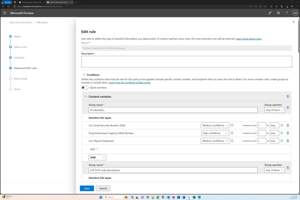 Regola di modifica di Microsoft Purview, le condizioni contengono con il nome del gruppo e i tipi di informazioni sensibili selezionati.