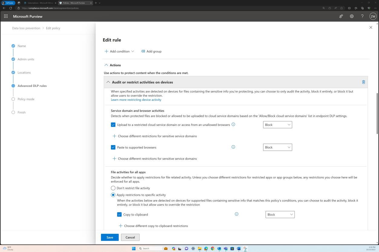 Microsoft Purview modifica le impostazioni delle regole, applicando azioni a un'attività specifica.