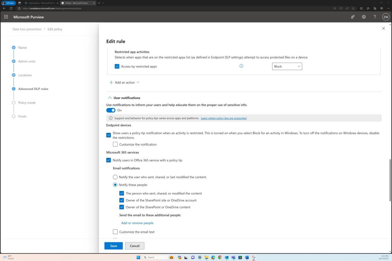 Modifica della regola delle impostazioni di notifica di Microsoft Purview.