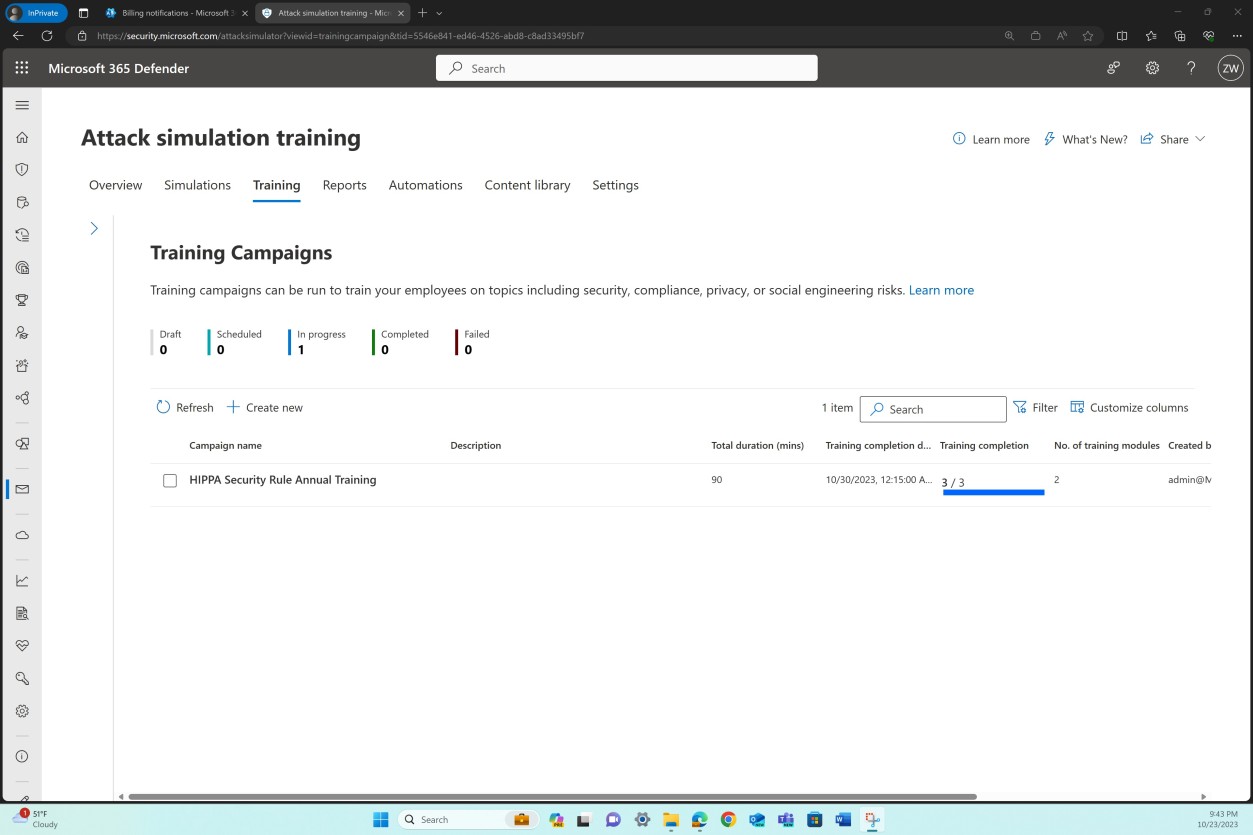 Pagina di training di Microsoft 365 Defender.