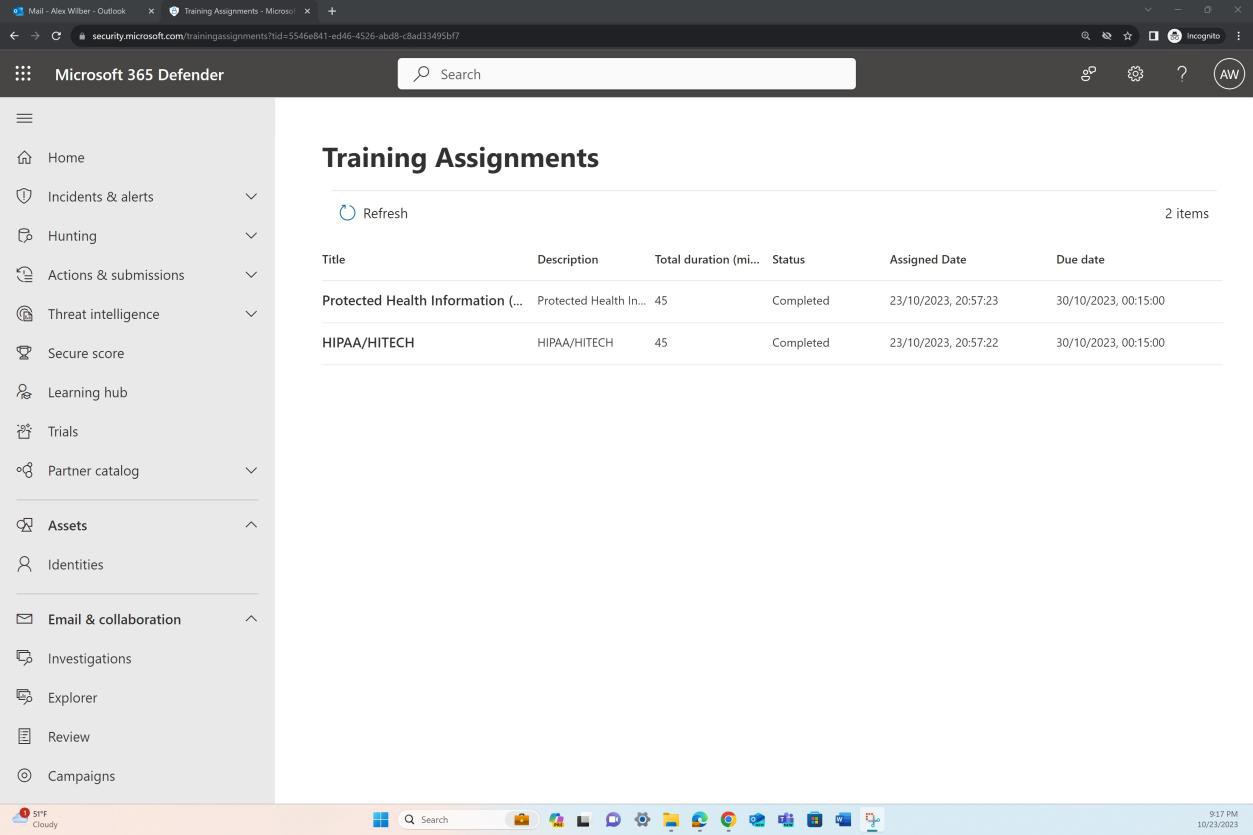 Pagina assegnazioni di training di Defender.