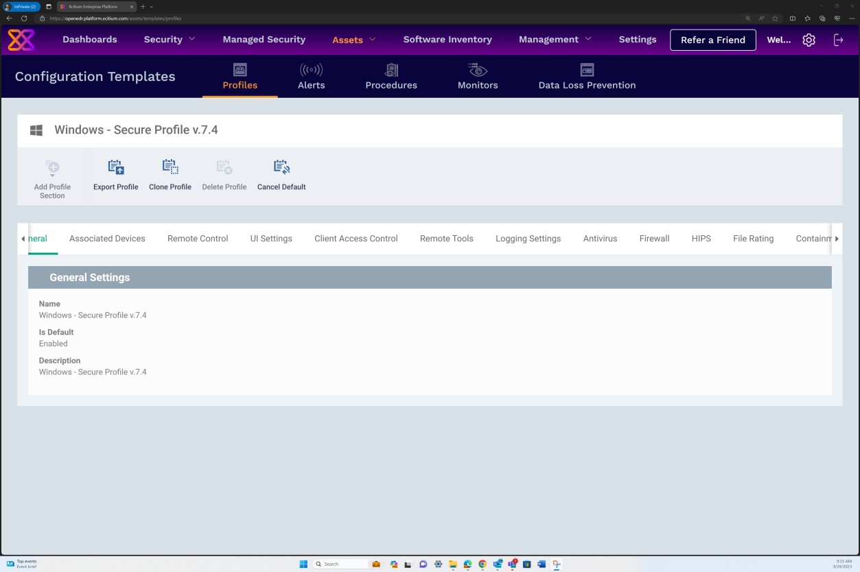 Impostazioni generali di Windows Secure Profile v 7.4.