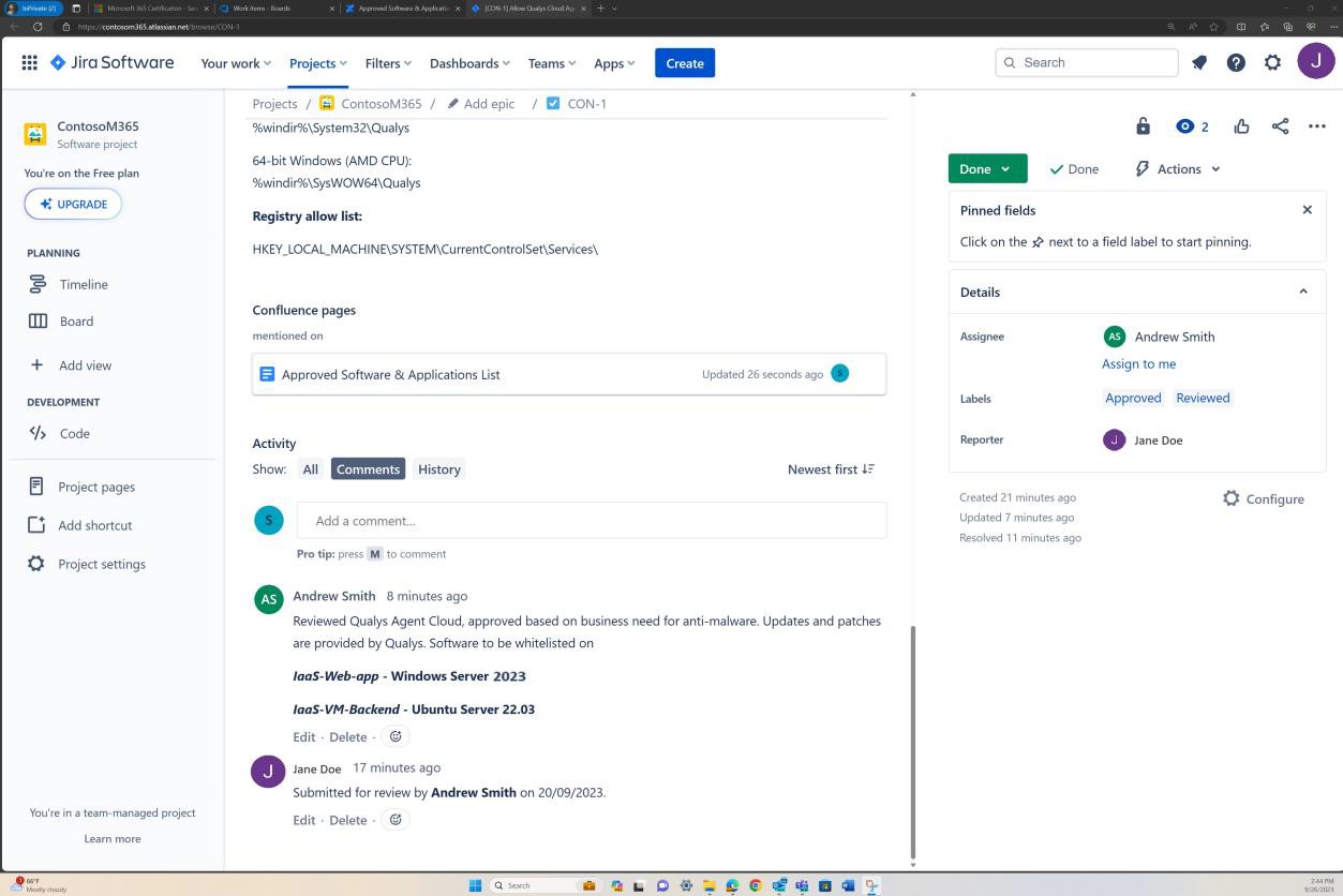 Elenco di attività del ticket Jira che mostra le approvazioni concesse.