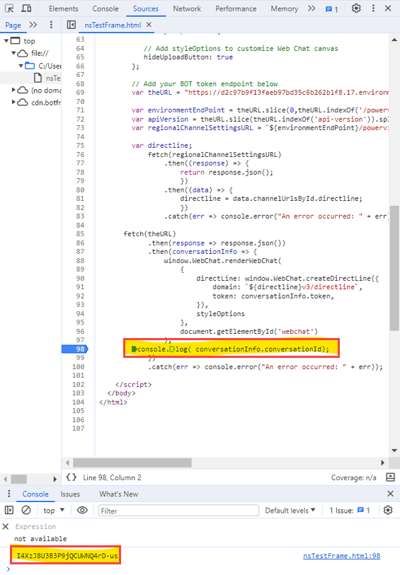 Screenshot della finestra degli strumenti di sviluppo di un browser Web che evidenzia l'output console.log.