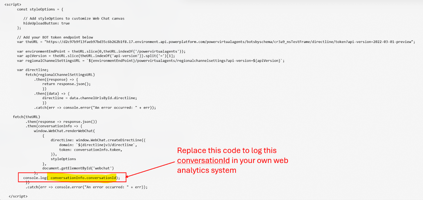 Screenshot del codice JavaScript che evidenzia il parametro console.log che fa riferimento a conversationInfo.conversationId.