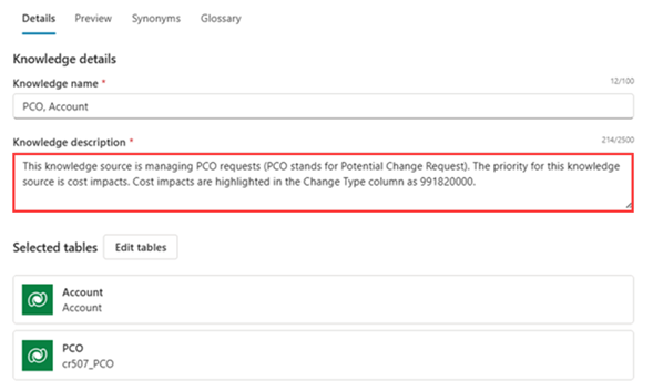 Screenshot della scheda Dettagli per una fonte di conoscenza, che mostra nome della conoscenza, descrizione e tabelle selezionate.