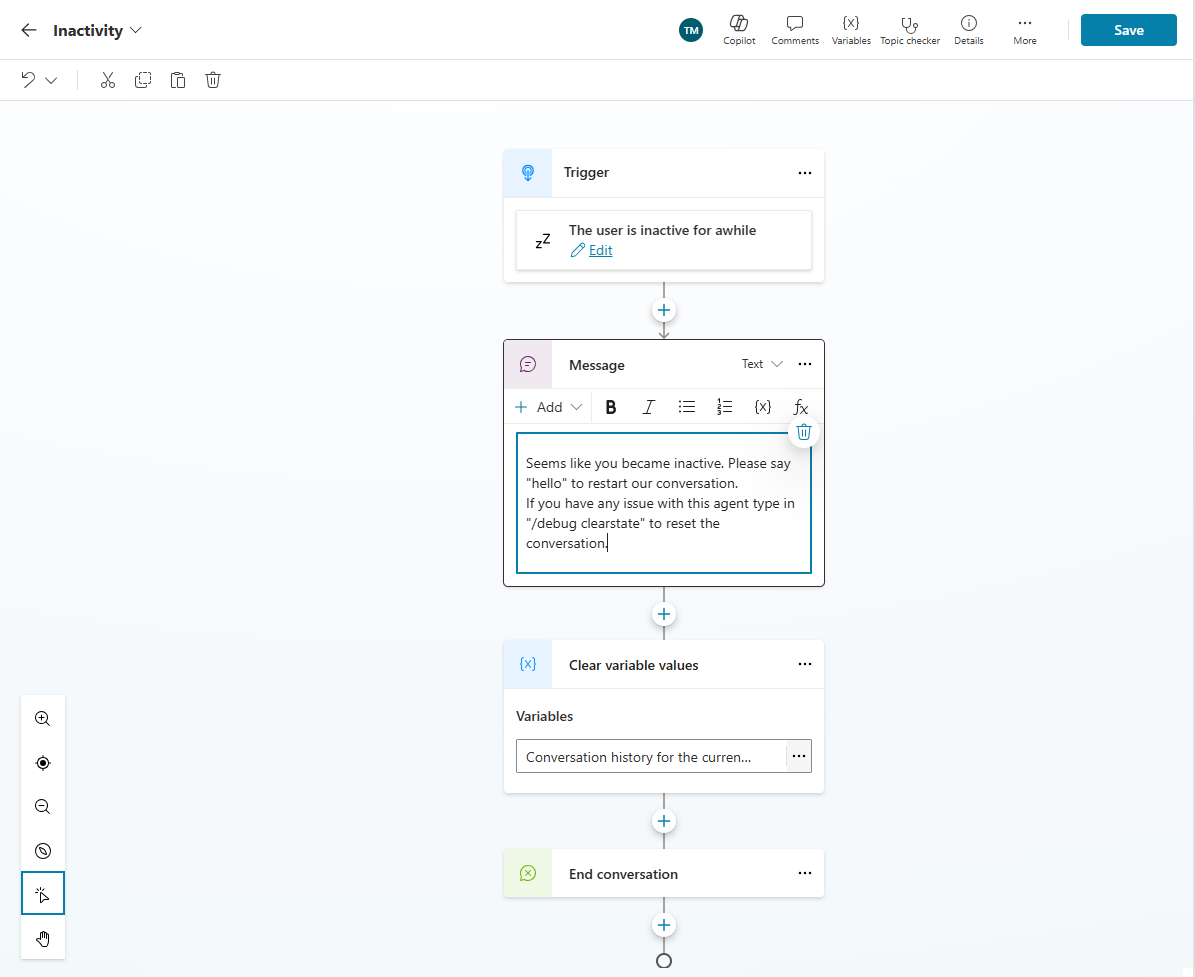 Screenshot dell'editor di argomenti di Copilot Studio che visualizza un flusso di lavoro di reimpostazione dell'inattività con trigger, messaggi, valori di variabili non crittografati e nodi di conversazione finale.