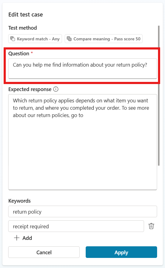 Screenshot che mostra il campo di testo della domanda.