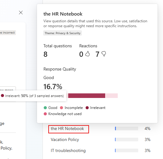 Screenshot delle ponderazioni relative alla qualità della risposta per una data fonte di conoscenza, che mostra un tooltip per un valore di qualità.