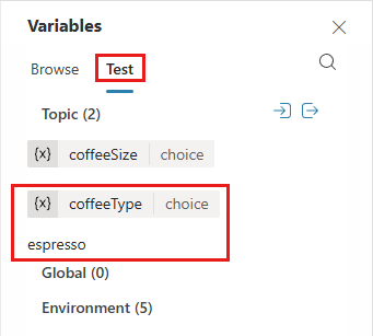 Schermata della scheda Test del pannello Variabili che mostra una variabile di argomento con un valore e una senza un valore.