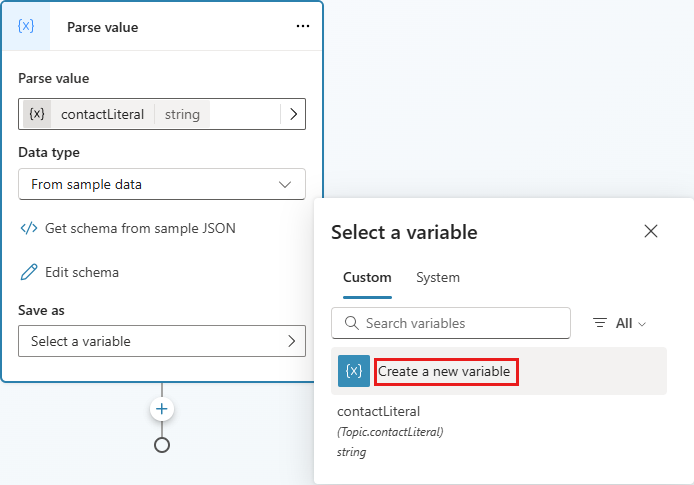 Screenshot che mostra come creare una variabile per contenere un valore analizzato direttamente dal nodo Analizza valore.