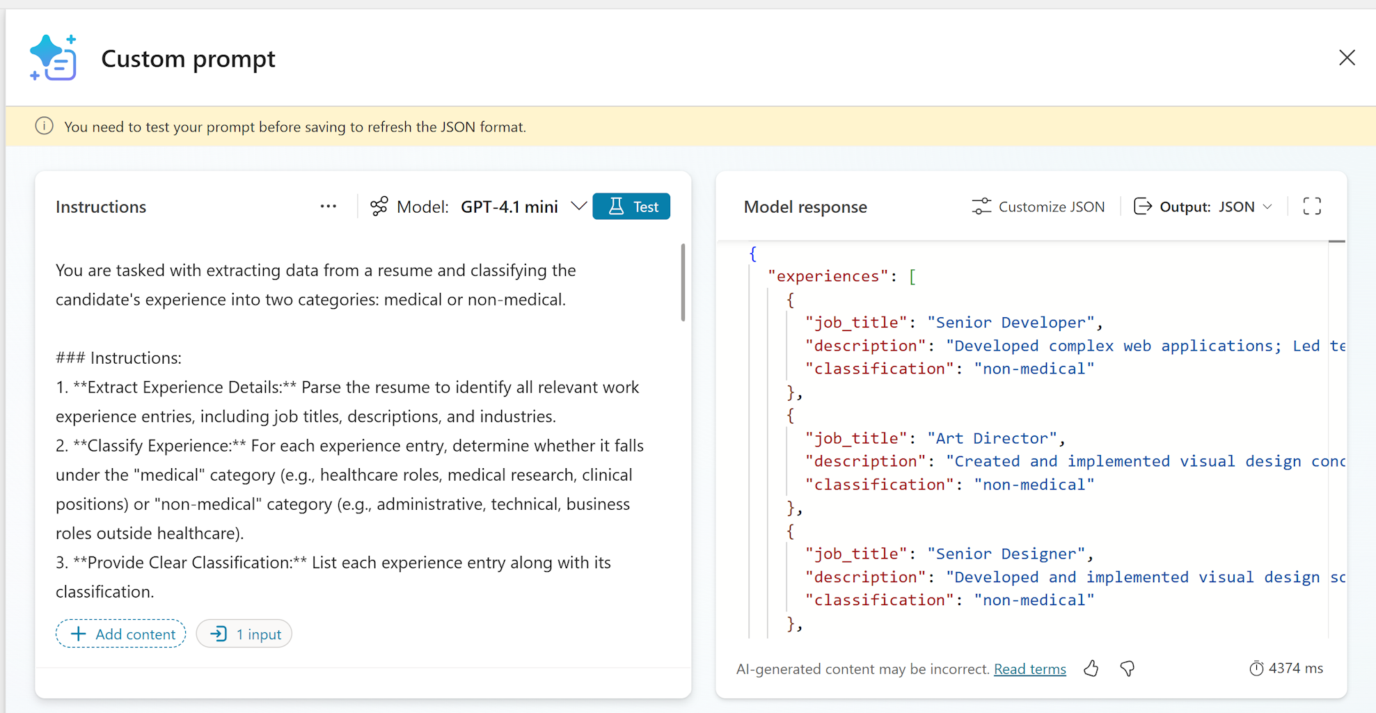 Screenshot del pannello delle istruzioni e del pannello di risposta del modello.
