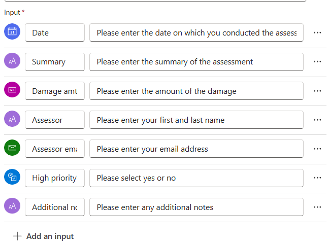 Screenshot degli input della finestra di progettazione del flusso dell'agente.