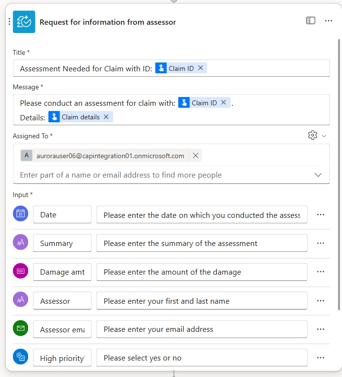 Screenshot di un'azione Richiesta di informazioni completamente configurata in Copilot Studio.