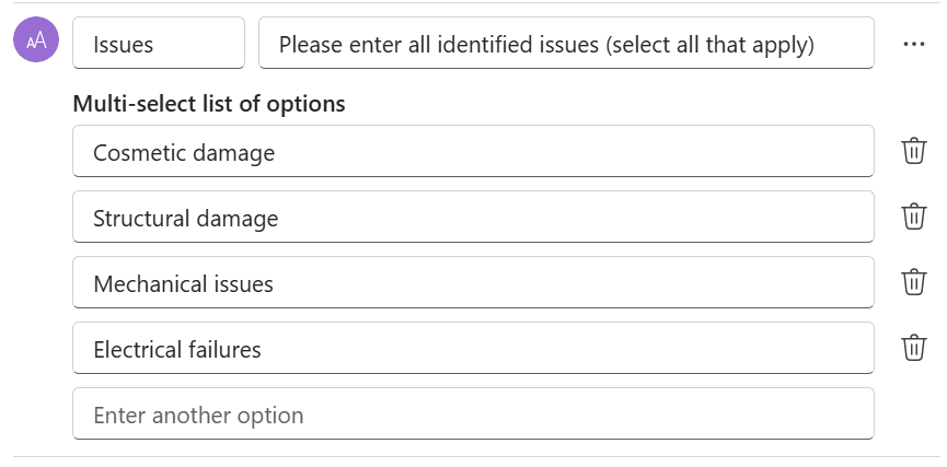 Screenshot di opzioni di selezione multipla per gli input di testo in Copilot Studio.