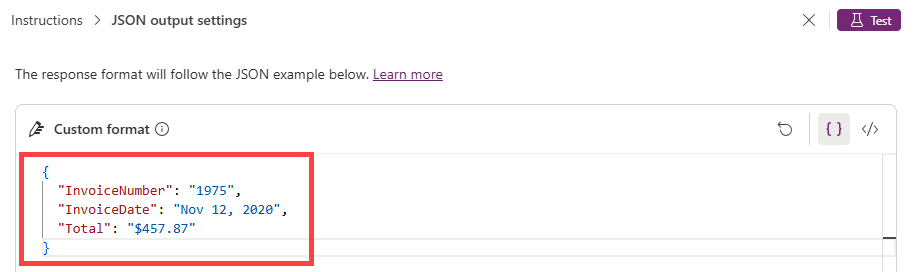 Screenshot di un formato JSON personalizzato.