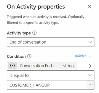 Screenshot di un nodo Trigger configurato per applicare condizioni quando il tipo di attività è impostato su Fine della conversazione.