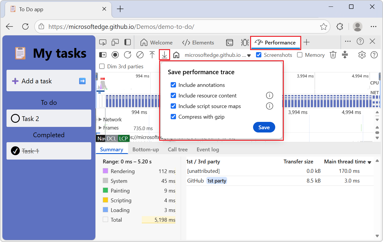 The Save performance trace dialog
