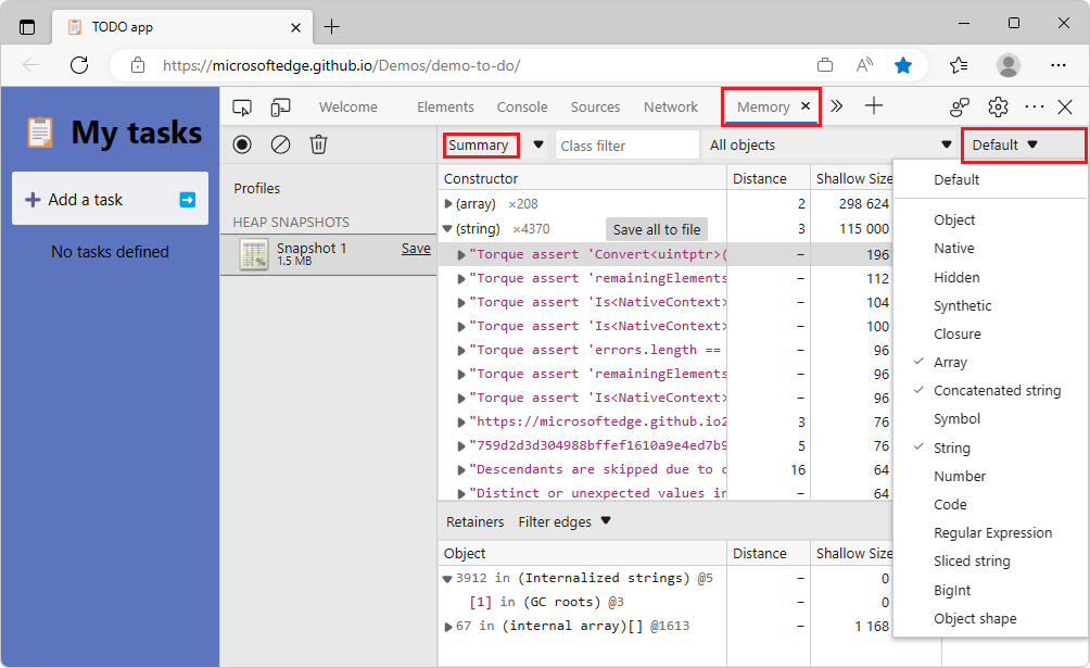 The Node Types filter is displayed in the Summary view of a heap snapshot