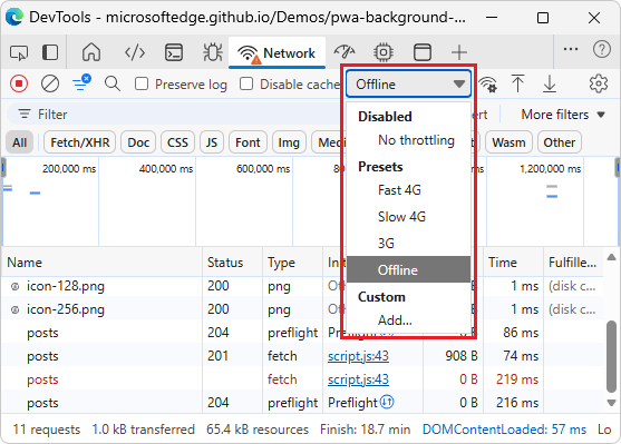 DevTools Network throttling: offline