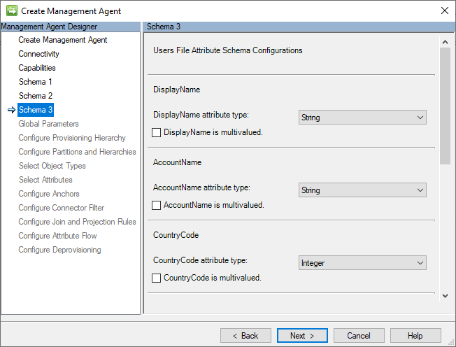 screenshot dello schema 3 (configurazioni dello schema degli attributi dei file degli utenti)