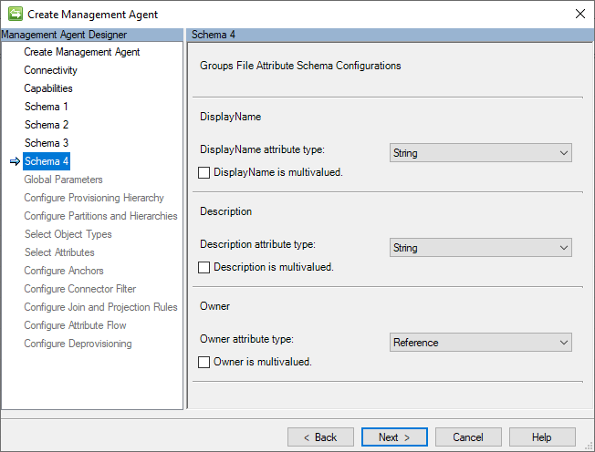 screenshot della pagina Configurazioni dello schema degli attributi dei file di gruppi